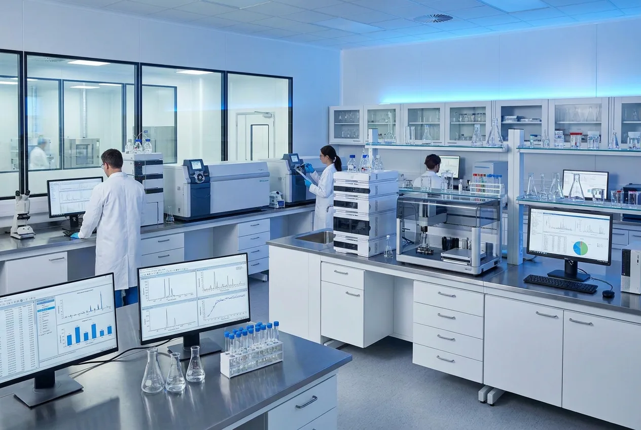Scientists working with analytical instruments in a pharmaceutical laboratory