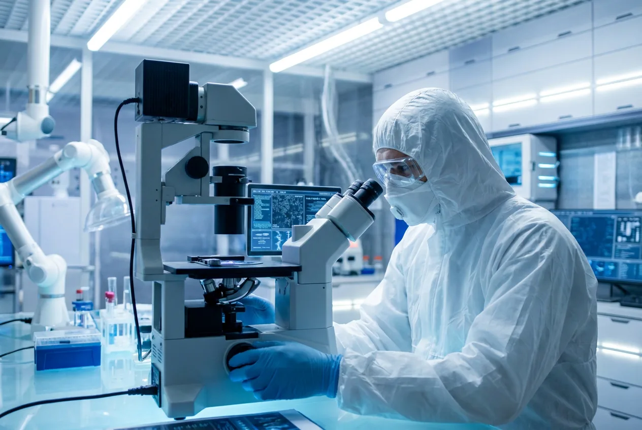 Laboratory scientist examining a sample with a microscope
